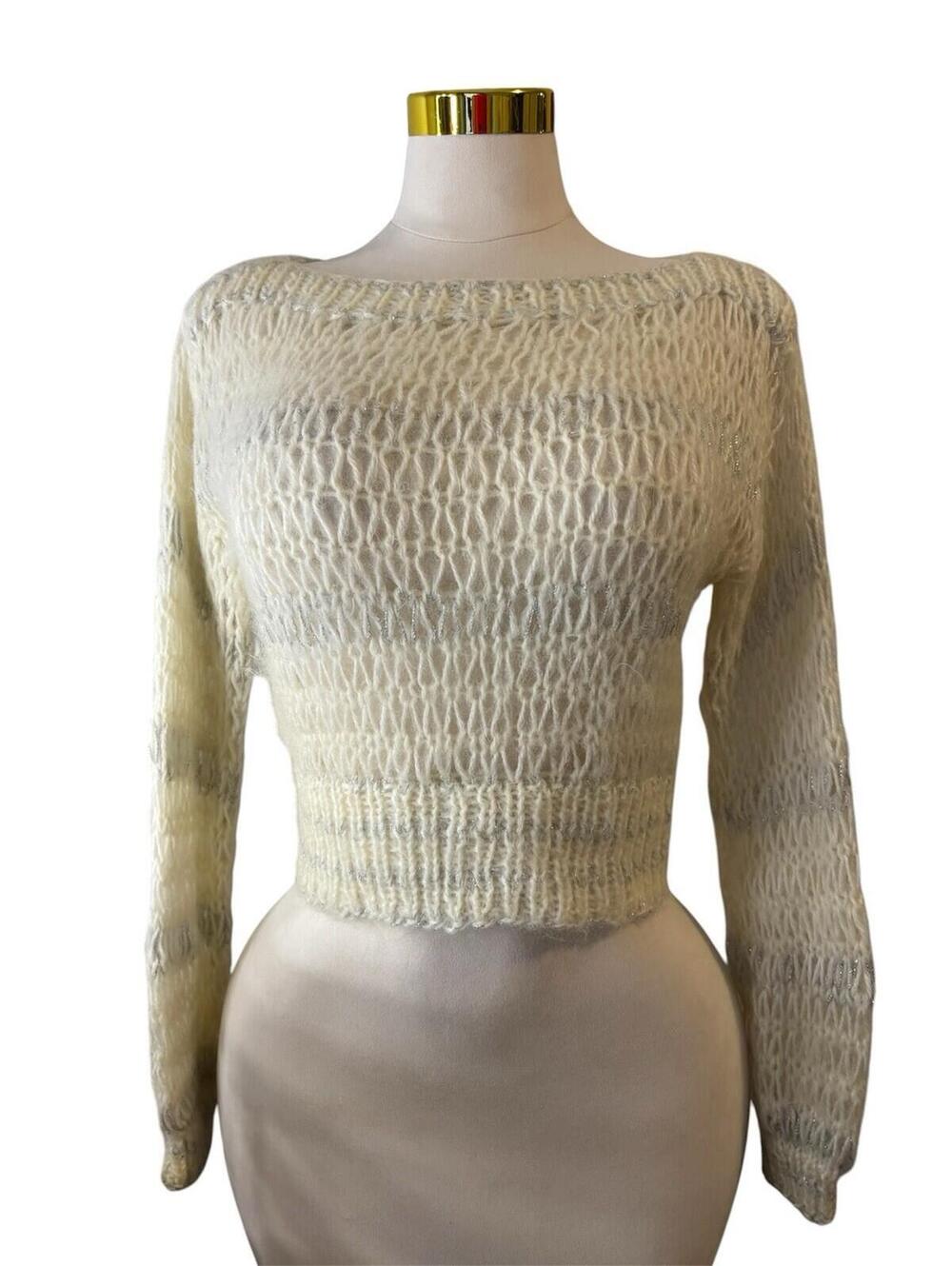 White Silver Mohair Women's Knit Sweater Vintage 70s 80s Open Weave Boat Neck